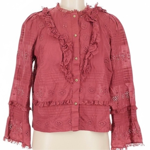 Sezane NELE SHIRT in Rosewood Women's Ruffled Lace Blouse - Picture 3 of 14